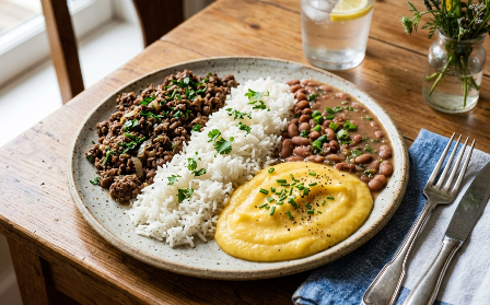Carne moída, arroz branco, Feijão carioca e Purê de Mandioquinha - 350 gramas