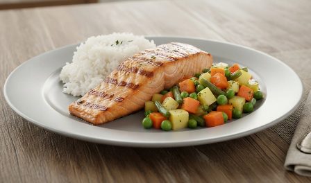 Salmão Grelado - arroz branco - jardineira de legumes